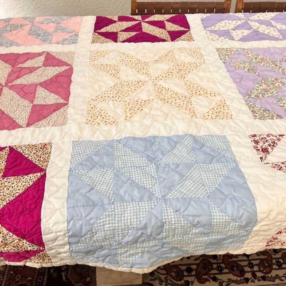 Vintage Handmade Patchwork Quilt Queen Reversible Multicolor Eight-Point Star - Picture 6 of 16